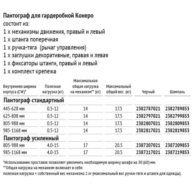 2382807021. Пантограф для гардеробной стандартный, Конеро W 805-988 мм, нагрузка 0,5-12 кг, 1 уп, цвет ЧЕРНЫЙ